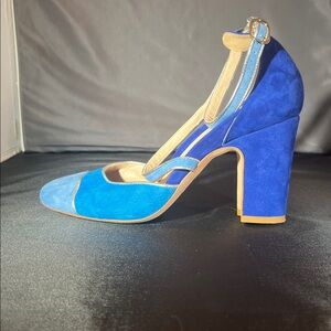 Mavette Nola d’Orsay stacked heel pump in blue suede